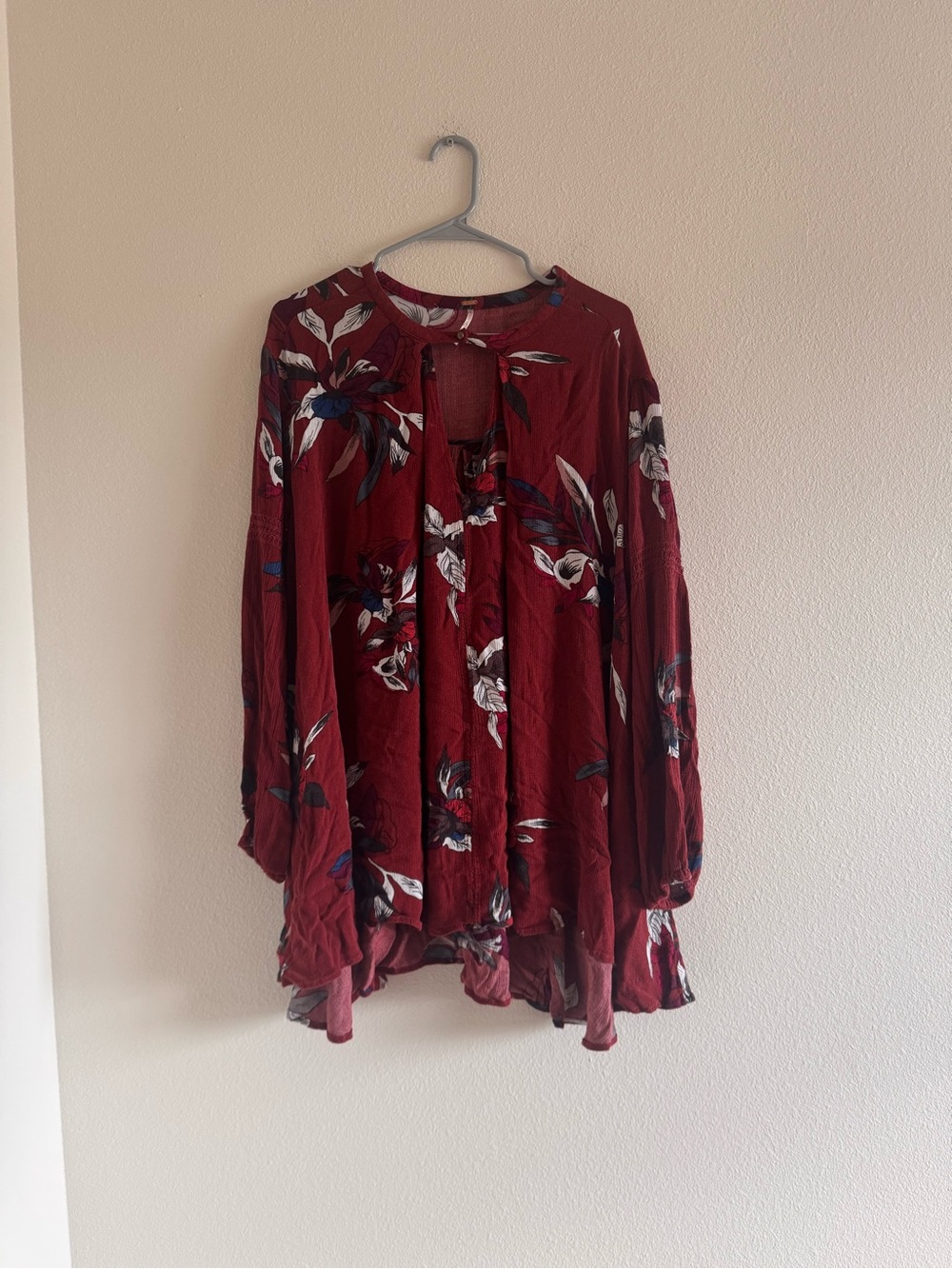 Free People Wine Floral Tie-Neck Tunic